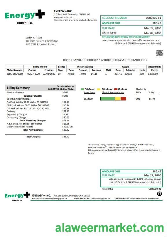 USA Massachusetts Energy Plus electricity utility bill template in Word and PDF format